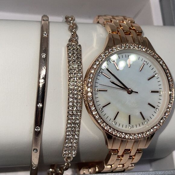 Gold Tone Crystal Watch Bracelet (3 Piece Set) Stunning Chic Intricate Style NEW - Picture 14 of 16